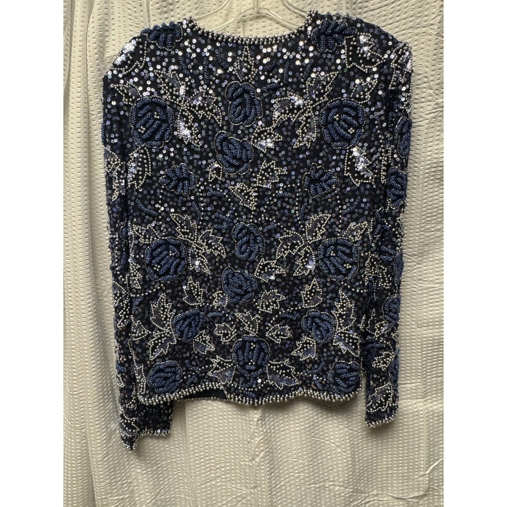 Vintage Spiegel Heavily Beaded Sequined Evening Jacket‎ Silk Lined Navy Silver M